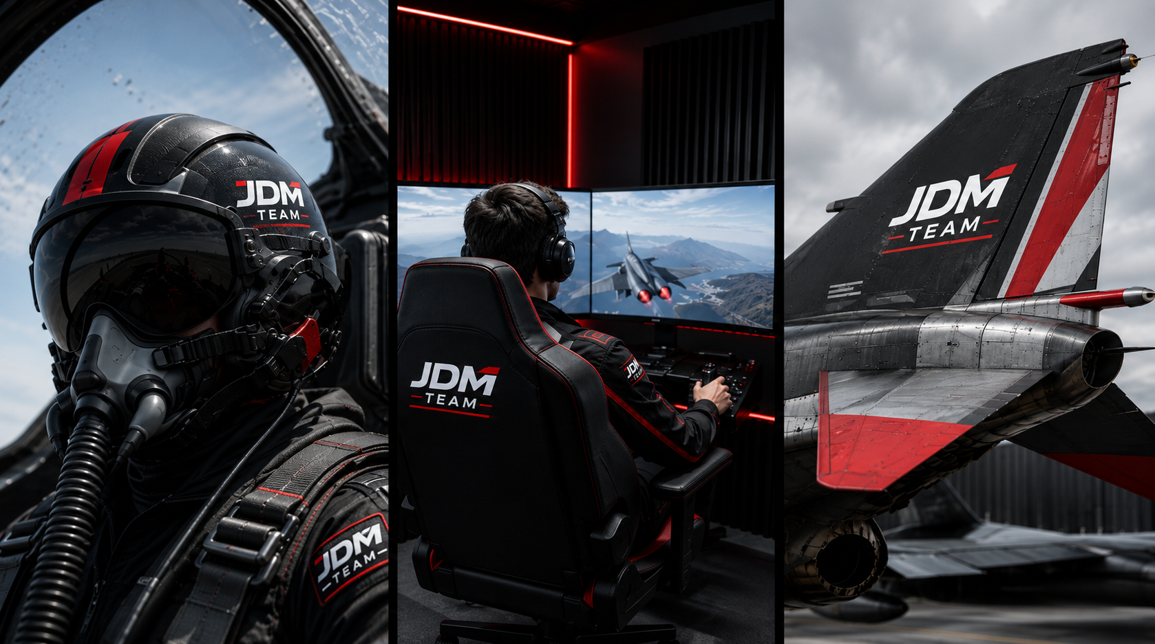 JDM Team aviation esports and aircraft branding triptych